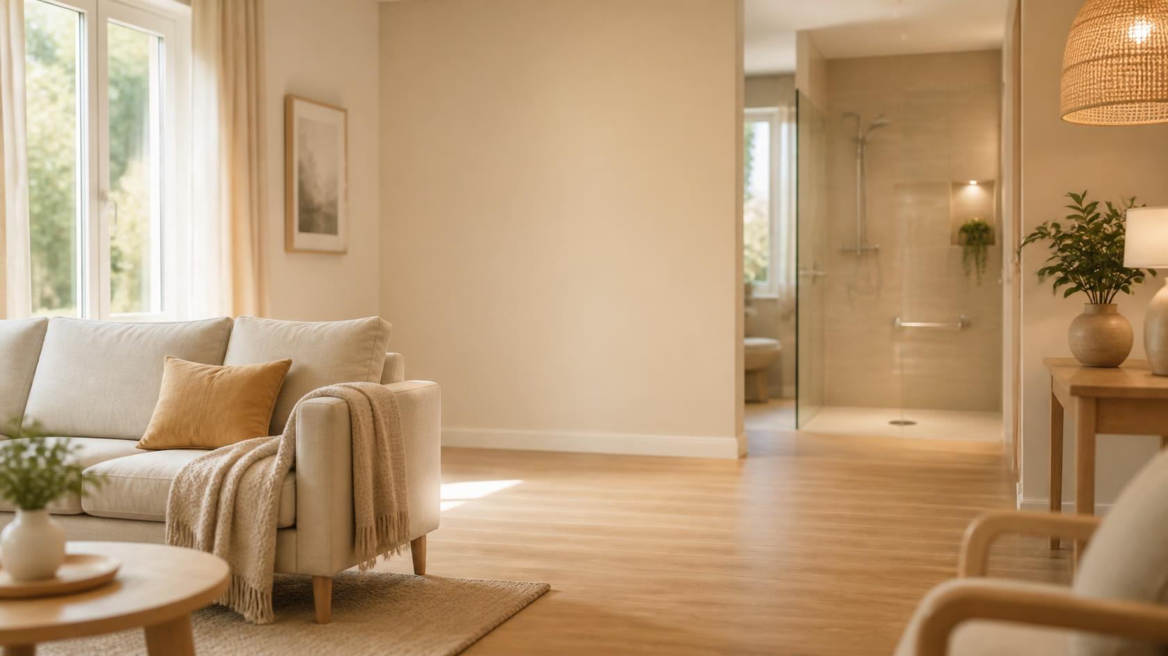 Salon lumineux de plain-pied donnant sur une salle de bain avec douche accessible