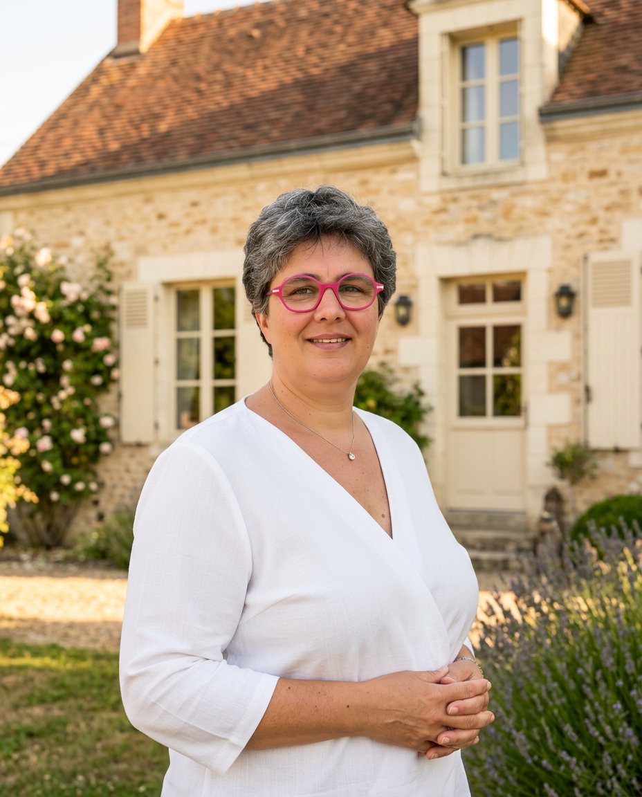 Annabelle Jutard, conseillère immobilière SAFTI à Ballan-Miré, devant une maison en pierre de Touraine