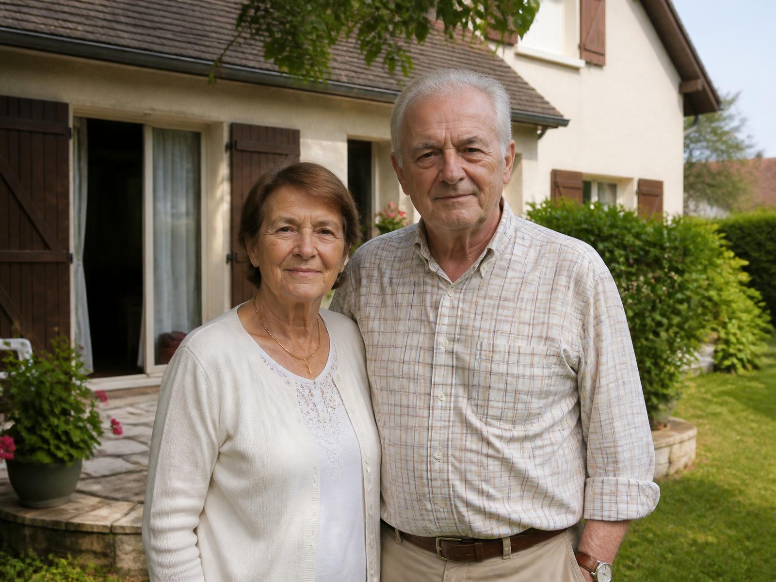 Couple de retraités devant leur pavillon avec jardin, près de Tours