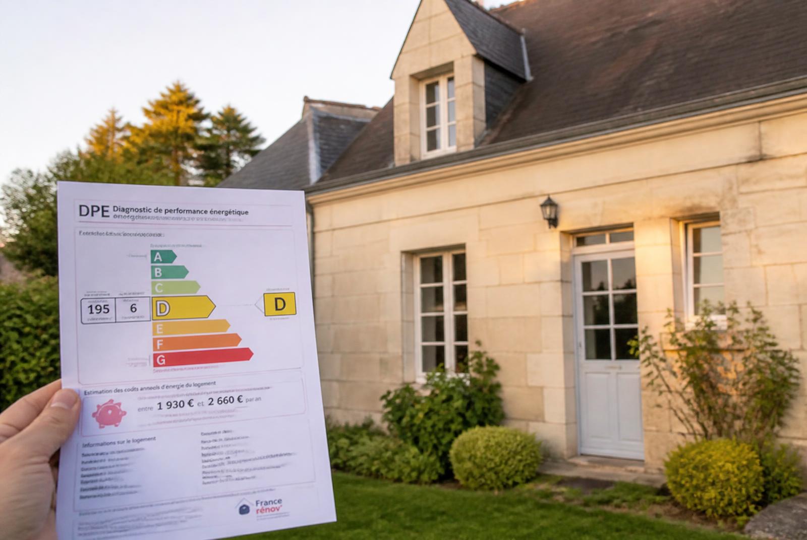 Diagnostic de performance énergétique tenu devant une maison en tuffeau de Touraine