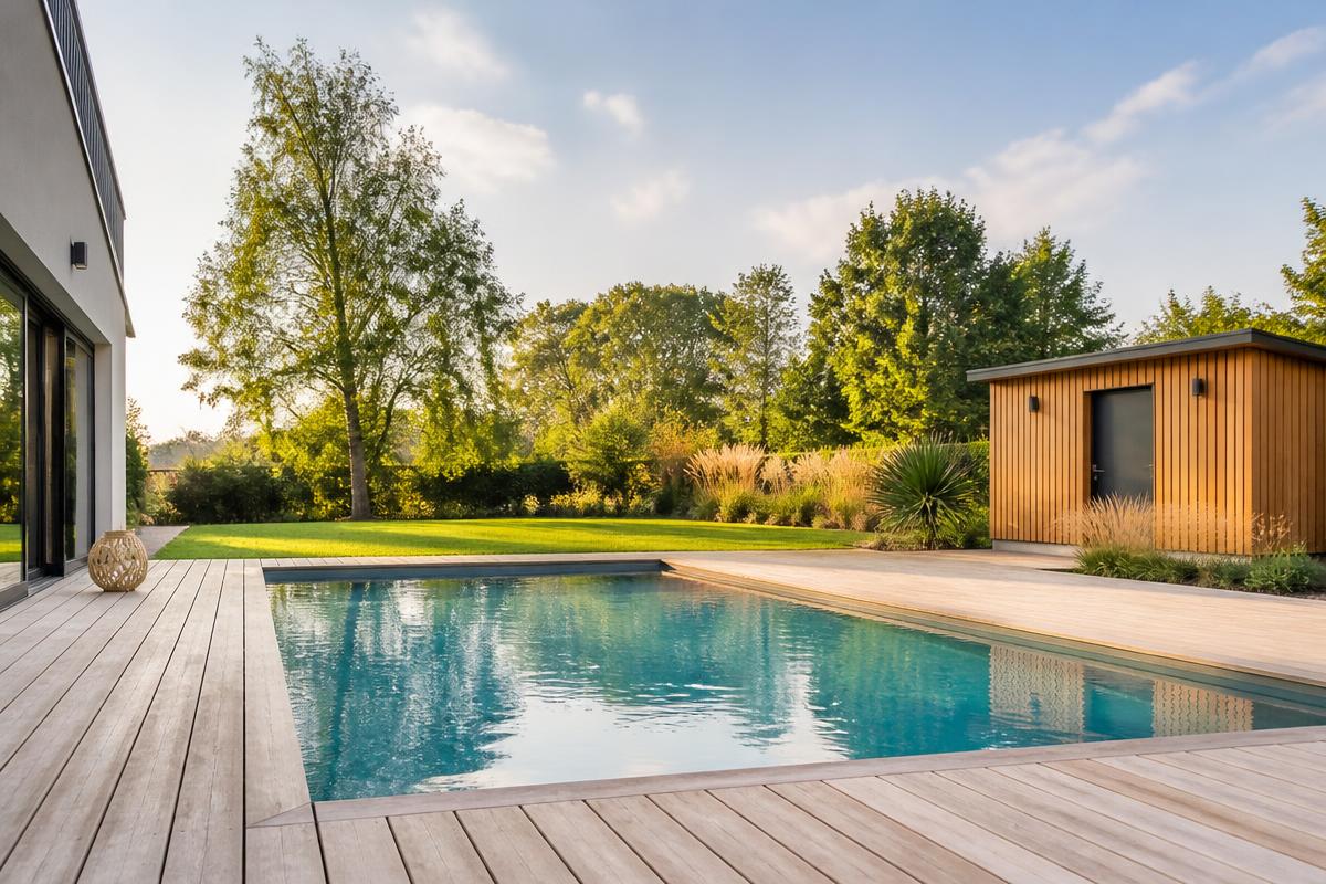 Jardin avec piscine et abri de jardin en bois, maison contemporaine en Touraine