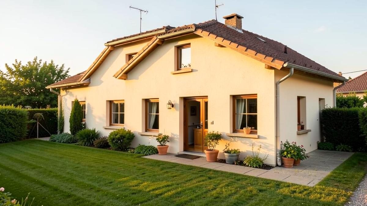 Maison de banlieue soignée à Ballan-Miré avec jardin tondu et pots de fleurs, prête à être mise en vente