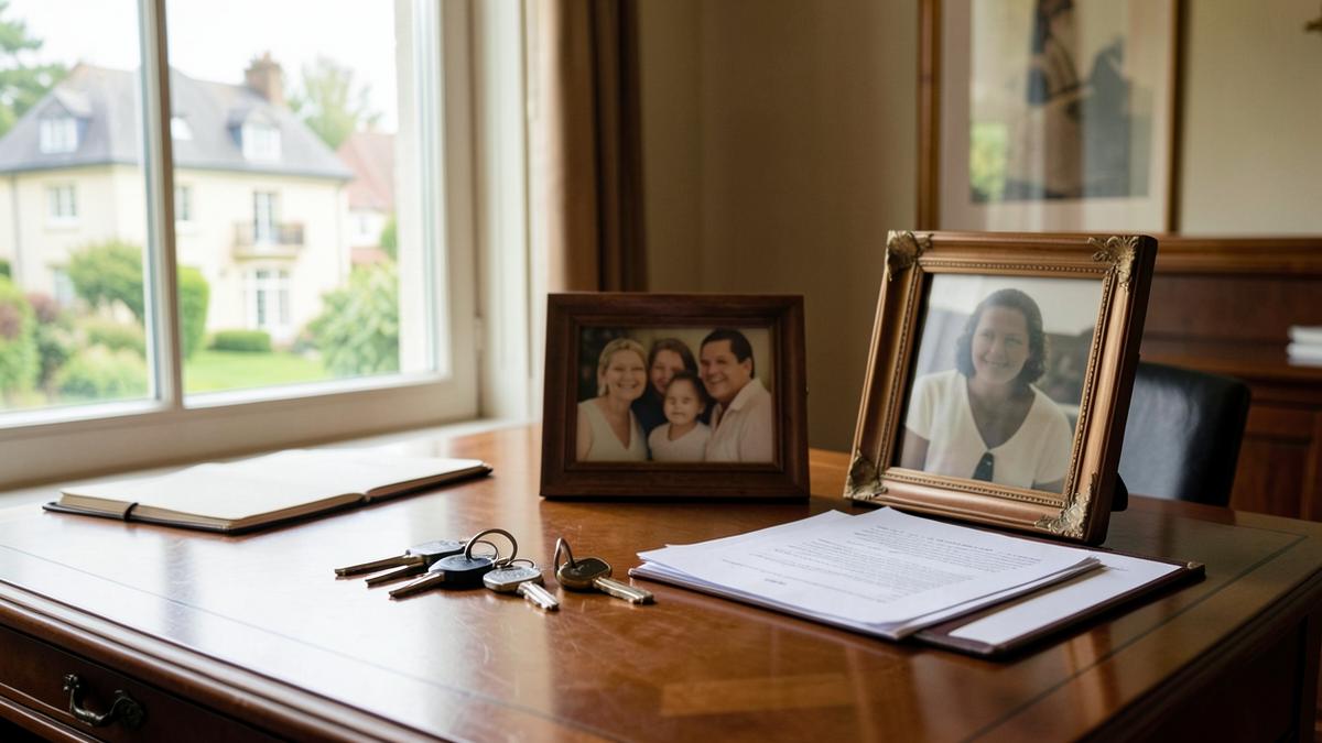 Bureau de notaire avec documents de succession, clés de maison et photos de famille, maison tourangelle à la fenêtre