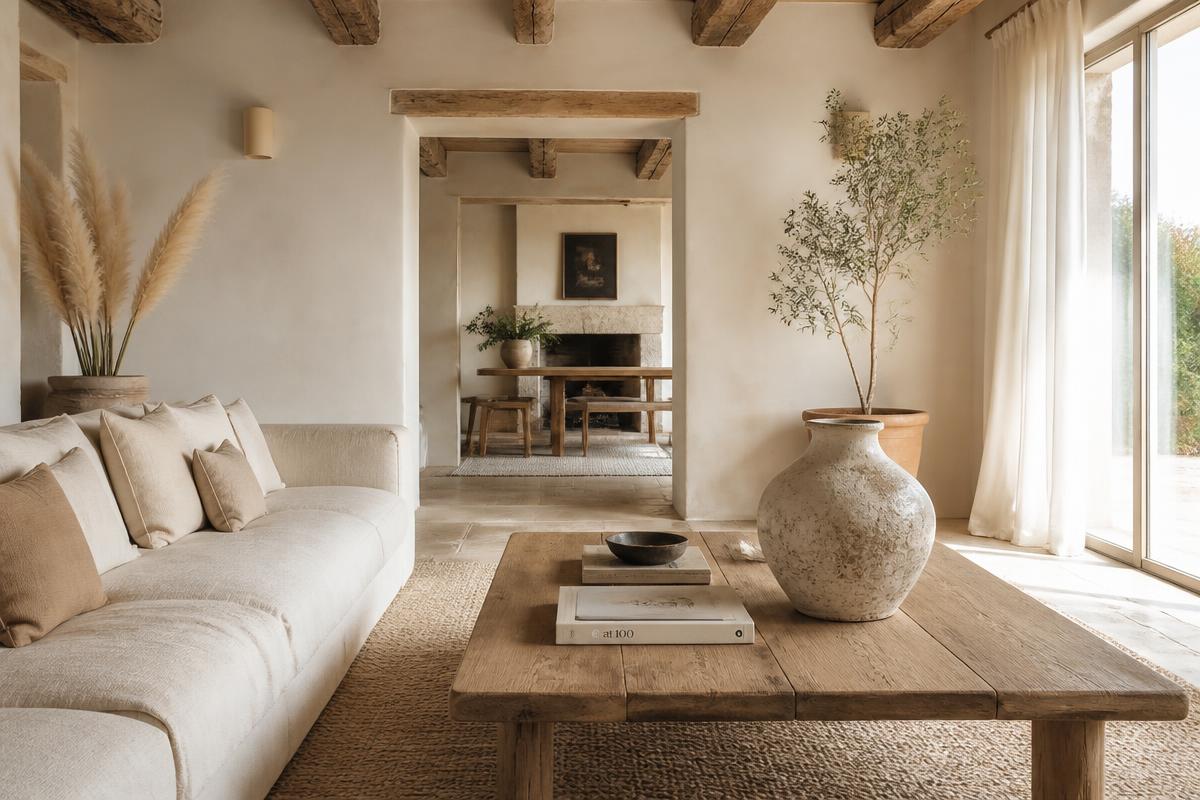 Home staging less is more : salon lumineux d'une maison en Touraine décoré en matières naturelles, bois brut, lin et céramique